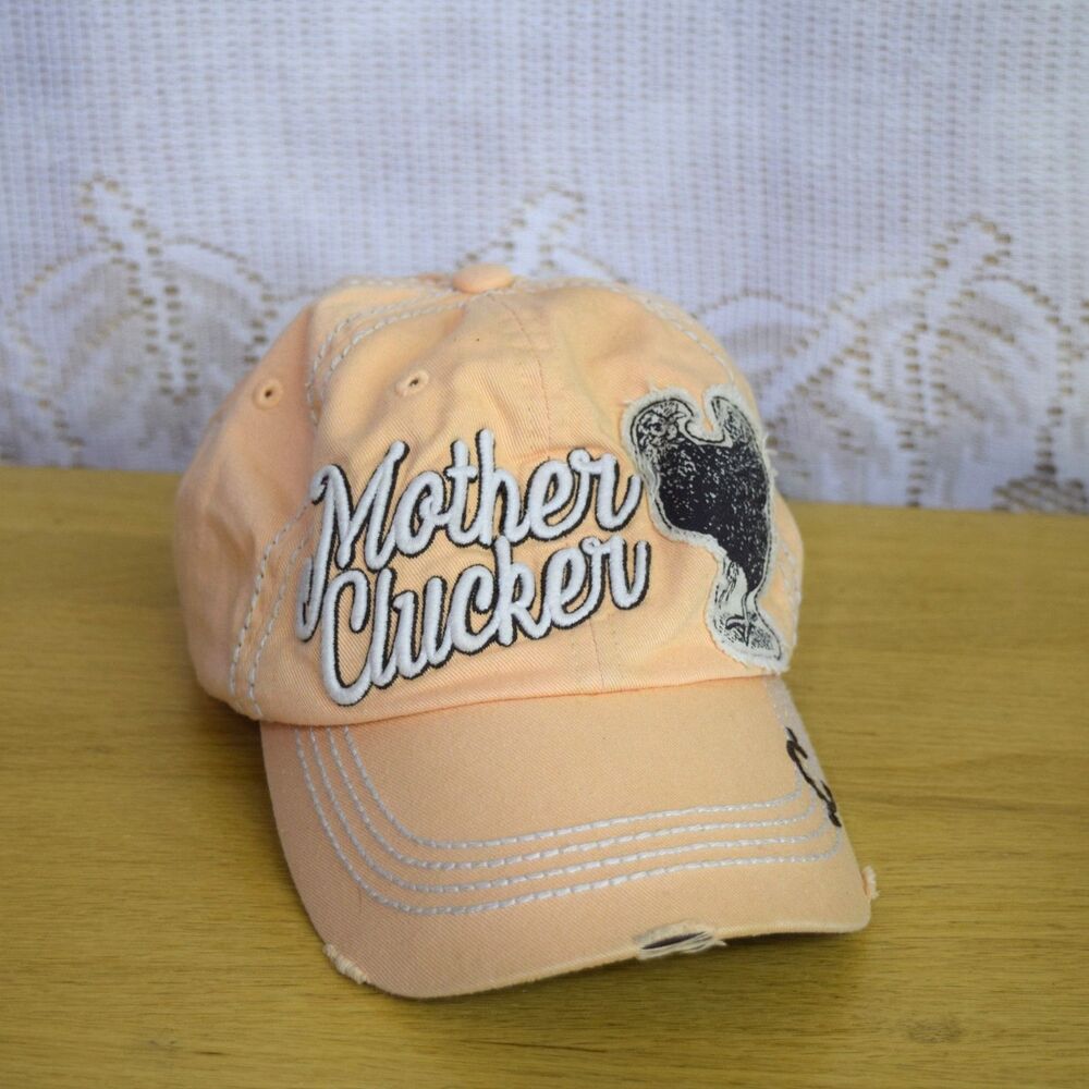 Cheeky's "Mother Clucker" Cotton Hat Womens Baseball Cap Distressed Peach Pink